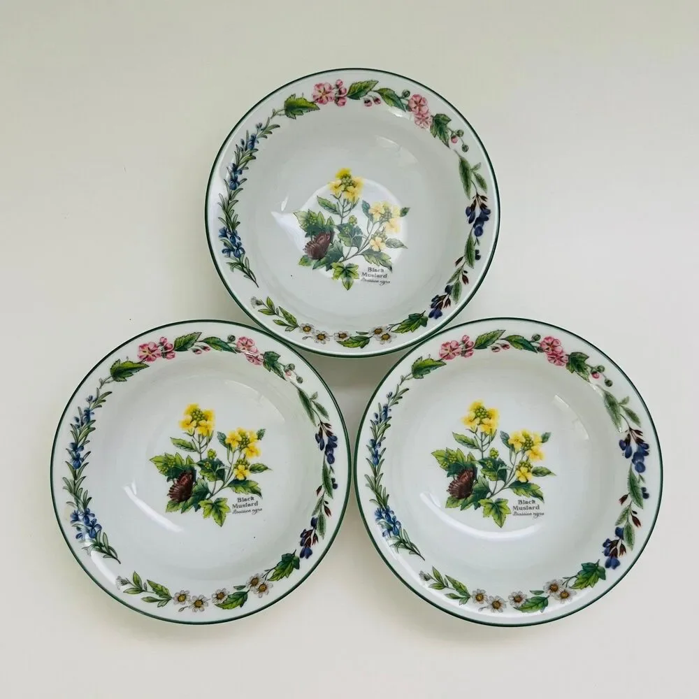 ROYAL WORCESTER Herbs Botanical Green Trim Porcelain Cereal Soup Bowls, Set of 3